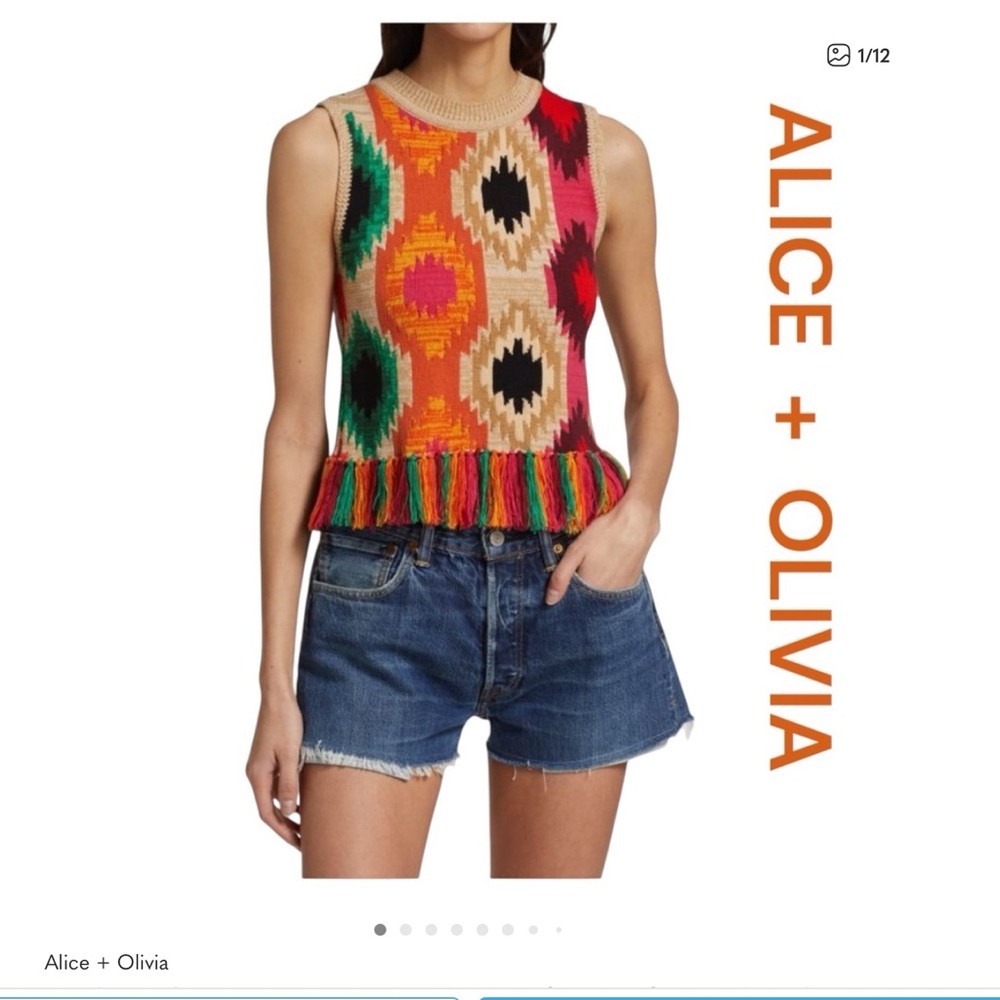 Alice + Olivia Reva print fringe knit sweater
